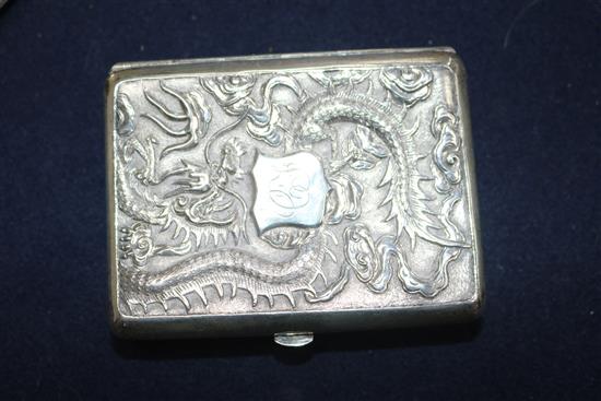 Two silver cigarette cases and a Chinese white metal cigarette case decorated with dragons and prunus, gross weight 8.8 oz.